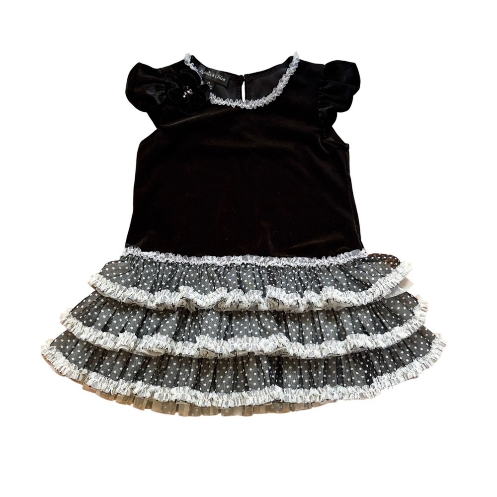 Isabell & Chloe Dress Toddler Black Excellent Velvet Tiered Ruffle SIZE 2T